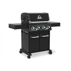Broil King Baron 490 Shadow, vista lateral con hornalla y estantes laterales